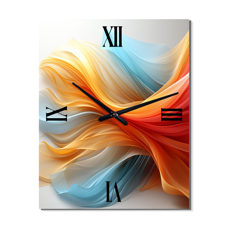 Horloge murale contemporaine à vagues abstraites orange et bleu - Encre liquide abstraite, H 32 po x l 24 po x P 1 po