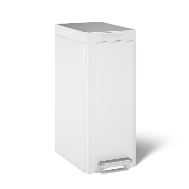 13-Gallon Stainless Steel Slim Step Trash Can With Bifold Lid, Stainless Steel/White