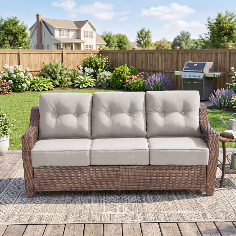 75'' Wide Wicker Outdoor Sofa With Patio Cushions, Beige