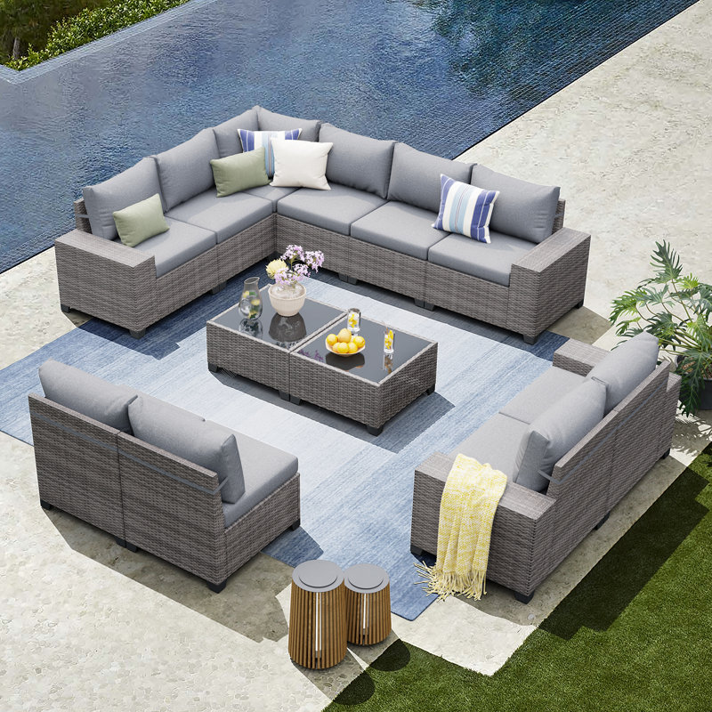 10 - Person Outdoor Rattan Seating Group With Cushions, Gray, No