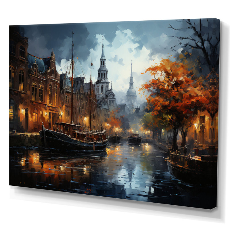 Danemark, Amsterdam, canal, nuit II - Danemark, art mural, Toile tendue, H 24 po x l 32 po x P 1 po