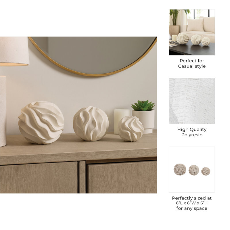 Set Of 3 4/5/6" Ostend Wavy Spheres, White