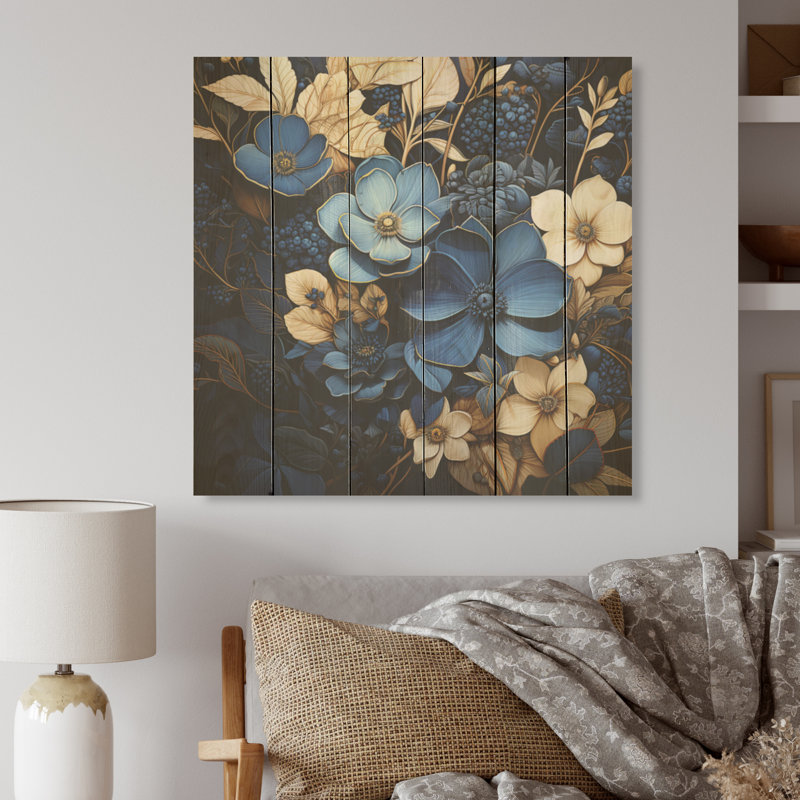 Adhésif bleu et violet doré - Violettes, art mural sur bois de pin naturel, H 15 po x l 15 po