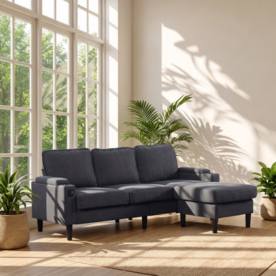 Canapé d'angle réversible en pin et tissu, collection ZS, 198 cm (L) x 135 cm (P) x 84 cm (H), avec pouf de rangement