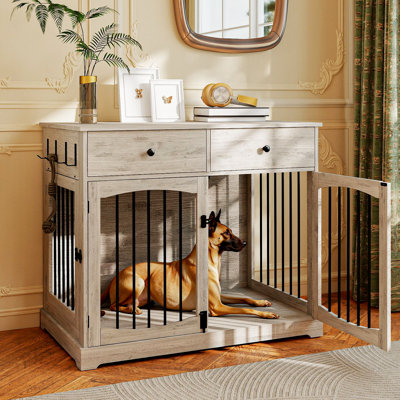 Table de bout pour chien 40 po avec 2 portes et tiroirs de rangement pour grands chiens d'intérieur, gris