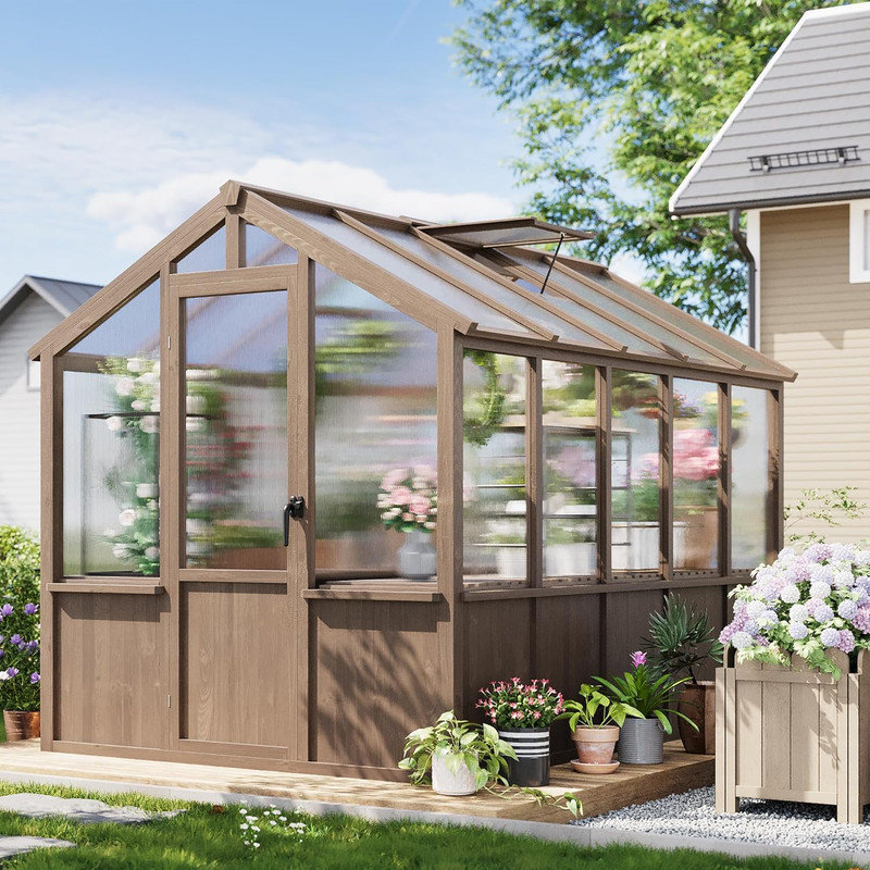 6x10 FT Large Wooden Greenhouse, Heavy Duty Spruce Frame with PC Panels, Adjustable Roof Vents & Lockable Door for Garden