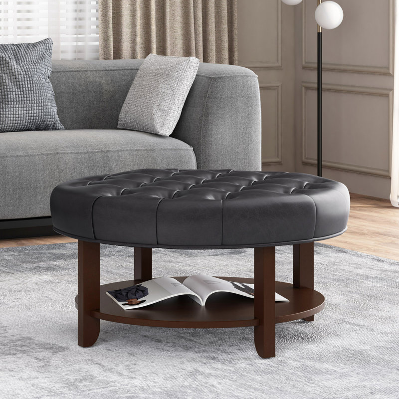Ronde à la mode avec forme et similicuir, tablette ouverte pour une décoration de rangement polyvalente, tablette chic en tissu d'ameublement en cuir 32 po x l 32 po x P 17 po