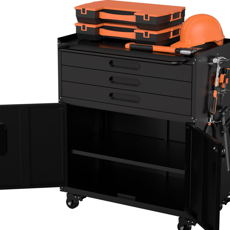 Armoire à outils roulante de 34,3 po - Rangement robuste pour le garage. Établi mobile tout-en-un avec 4 portes pivotantes. Portes verrouillables et 3 tiroirs. Tablette latérale réglable.