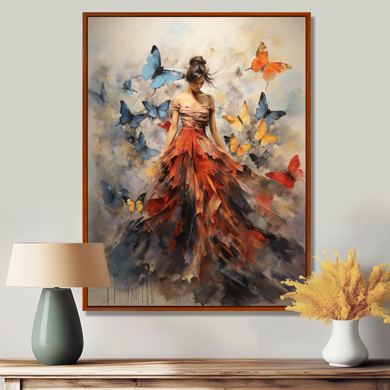 Papillon et femme dansant I - art mural papillon, H 32 po x l 16 po, Reproduction avec cadre flottant, Brun