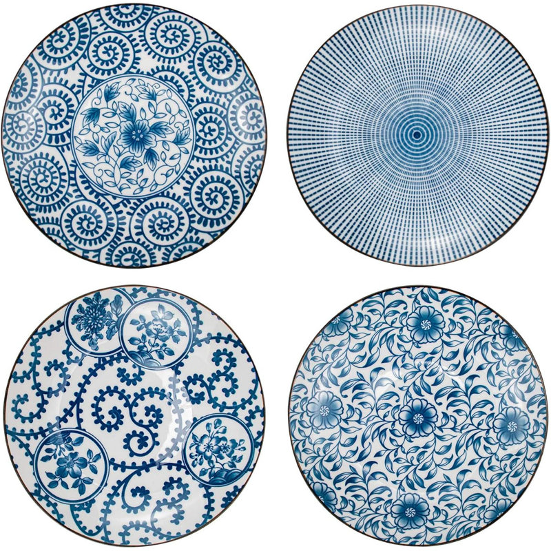 Ensemble de 4 assiettes de service en porcelaine bleue et blanche Assiettes à dessert