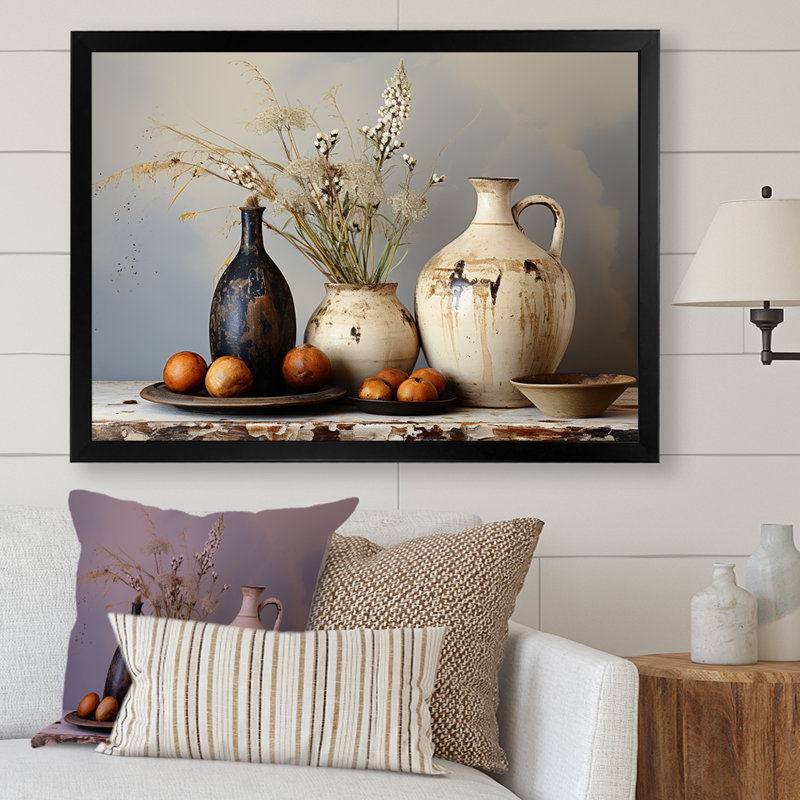 Art floral blanc rétro sur poterie, Cadre d'angle fermé noir, H 24 po x l 32 po x P 1 po