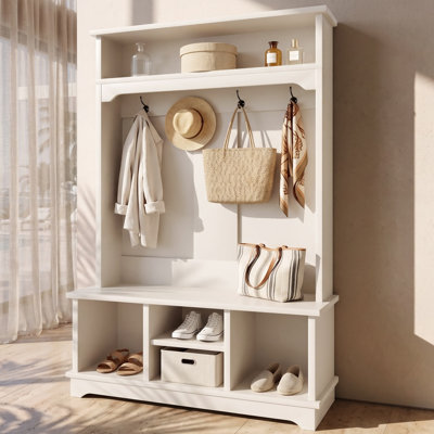 Portemanteau d'entrée 3 en 1, portemanteau avec banc à chaussures, 4 casiers à chaussures et tablette de rangement supérieure pour le vestibule, la chambre à coucher et le salon