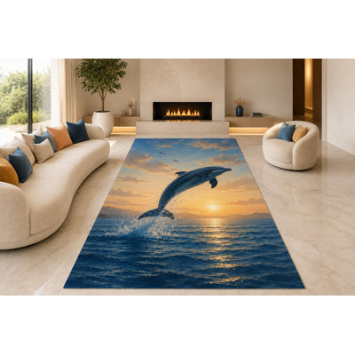 Tapis «Dolce Ocean» de 6 pi 7 po x 9 pi 10 po «Ultra Light Poids» pour salon, chambre à coucher et bureau à domicile, tapis doux à poils courts avec envers en silicone antidérapant, bleu et ambre