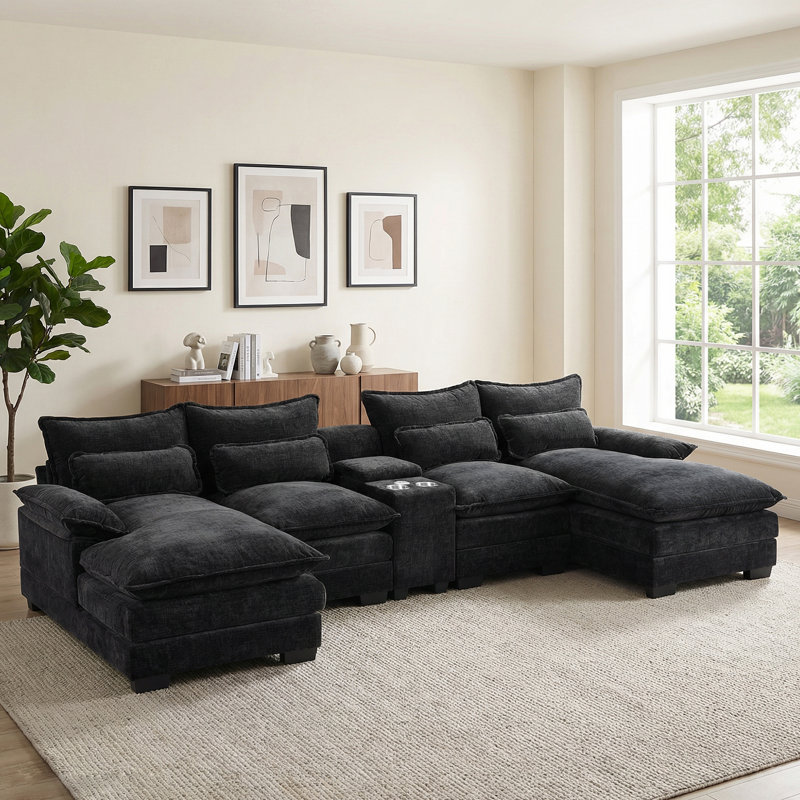 Canapé modulaire en forme de U 123 "avec console, porte-gobelets et chargeur USB 123", Polyester noir