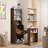 Mid-century Multi-use Extenable Cabinet Desk With Storage Peg Board, Storage Cabinet With Sliding Glass Doors, Led Light, Free Cat Cushion And Cat Toy