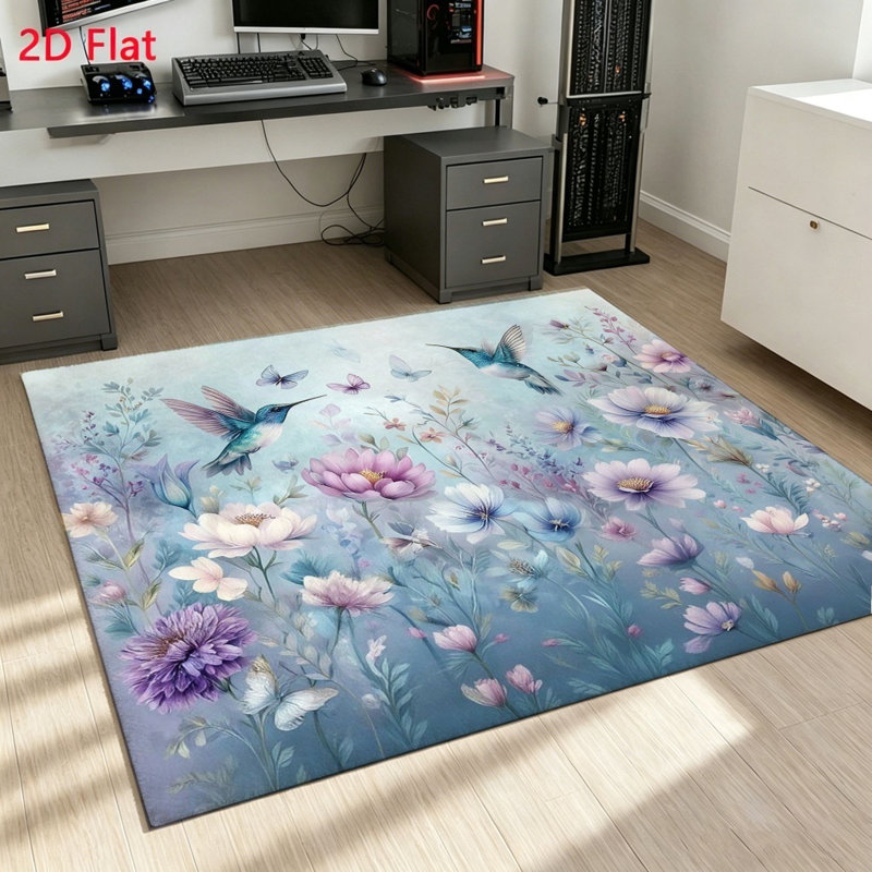 Beautiful Floral Hummingbird Area Rug, Delicate Butterfly Garden Design, Soft Plush Indoor Floor Mat for Living Room, Bedroom, Entryway, Home Office and Dining Spaces