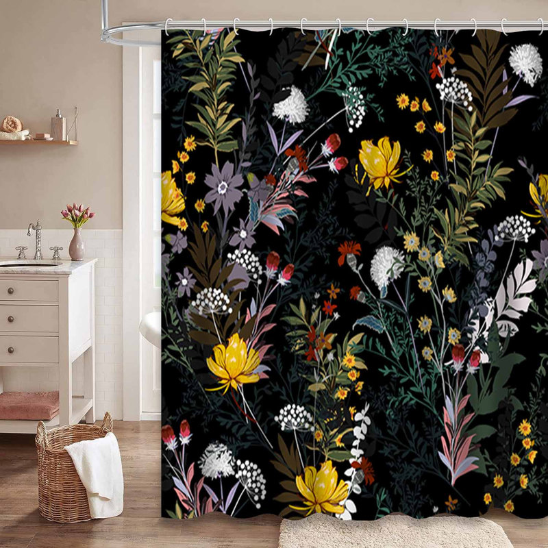 Rideau de douche imperméable à motif floral foncé avec 12 crochets, L 72 po x l 78 po