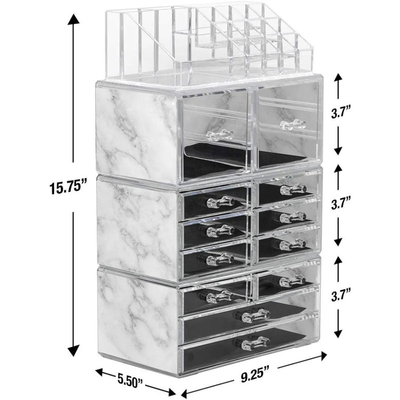 Marble and Clear Acrylic 12-Drawer Makeup Organizer Tower