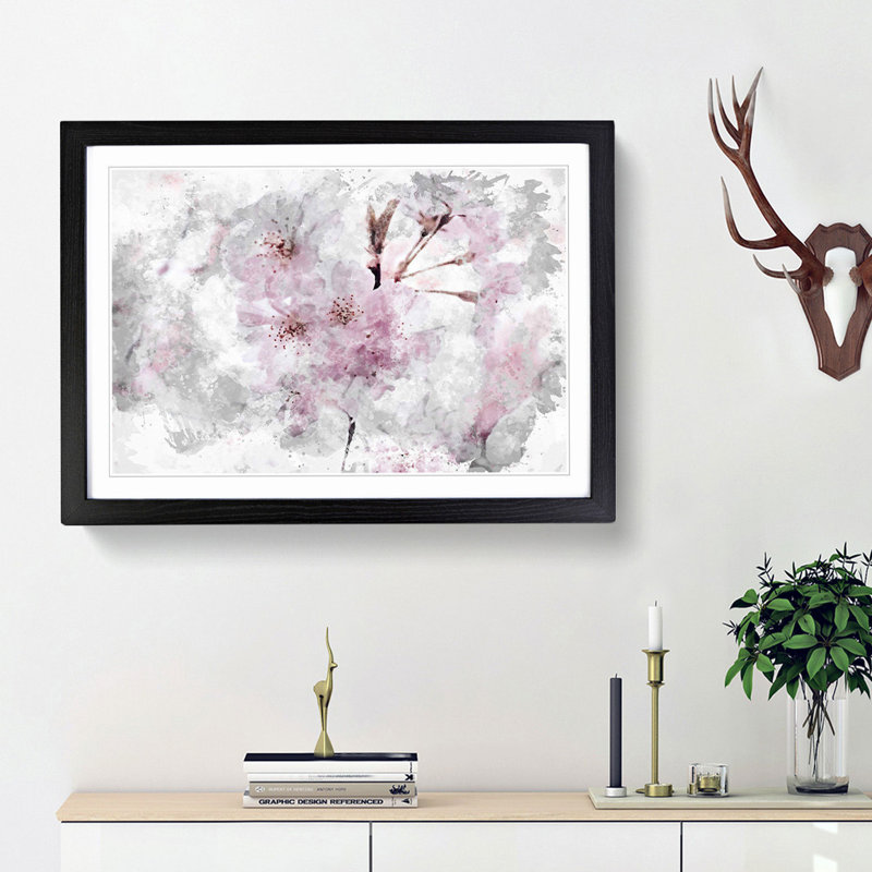 A Pretty Pink Cherry Blossom Tree in Abstract - Picture Frame Painting Print on MDF, Black Framed, 36cm H x 48cm W x 2cm D