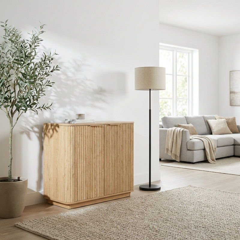 Contemporary Curved Wave Design Storage Cabinet, Featuring Adjustable Interior Shelving and Durable Engineered Wood Construction