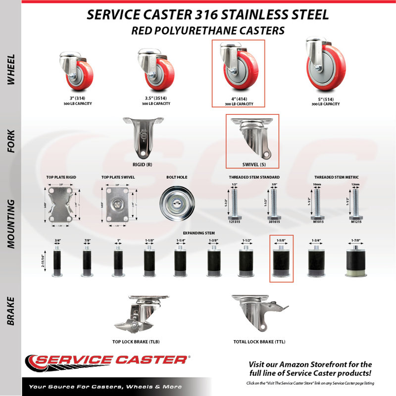 316SS Polyurethane Swivel Expanding Stem Caster Set SCC, Red