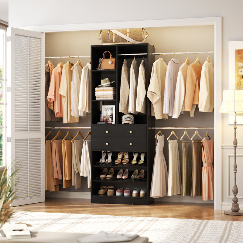 28" Wood Closet System With Drawers And Shelves, Reach-In Closet System For Small Closet, Black