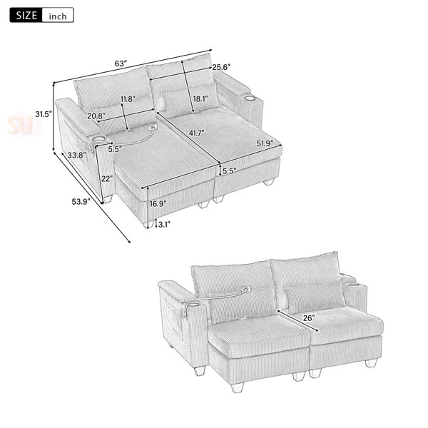 Latitude Run® Convertible Chaise Lounge 63 Inch Sofa Bed With USB Ports ...