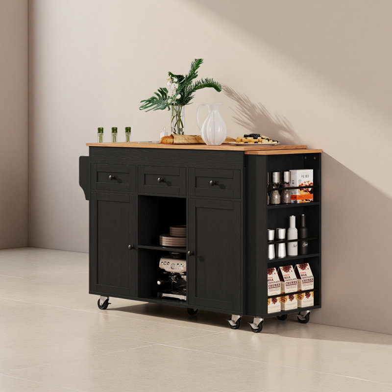 85.5" Kitchen Island With Extendable Dining Table, Kitchen Storage Table With 3 Side Open Shelves, Rolling Kitchen Island With Power Outlet, 3 Drawers, 2 Doors, For Kitchen, Dining Room
