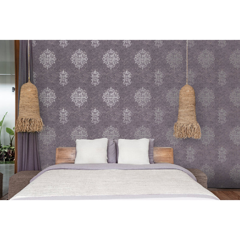 Lustre Metallic 3D Embossed Damask Wallpaper Roll, Purple