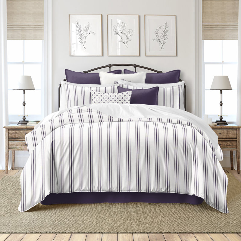August Stripe Reversible Cotton Duvet Cover Set, Eggplant, Cal.King Duvet Cover + 2 King Shams