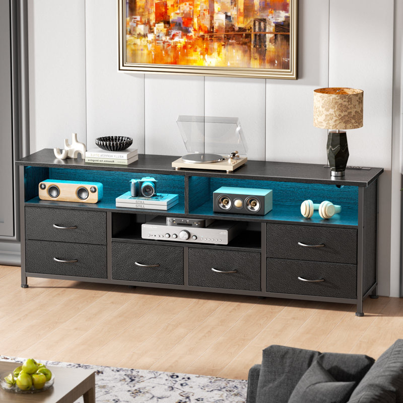 TV Stand Dresser Media Console with LED Lights & Charging Station, 6 Fabric Drawers Entertainment Center for TVs, 55", Black