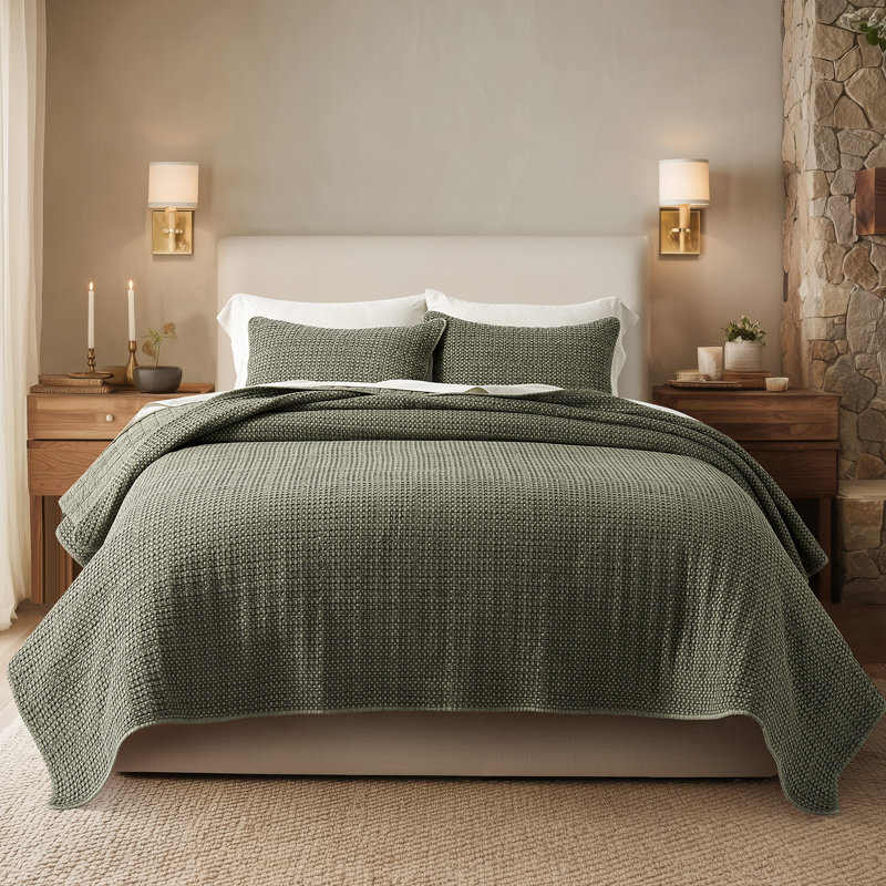 Ensemble de courtepointe 100% coton gaufré Stonewashed, Courtepointe très grand et 2 très grandes taies , Vert olive