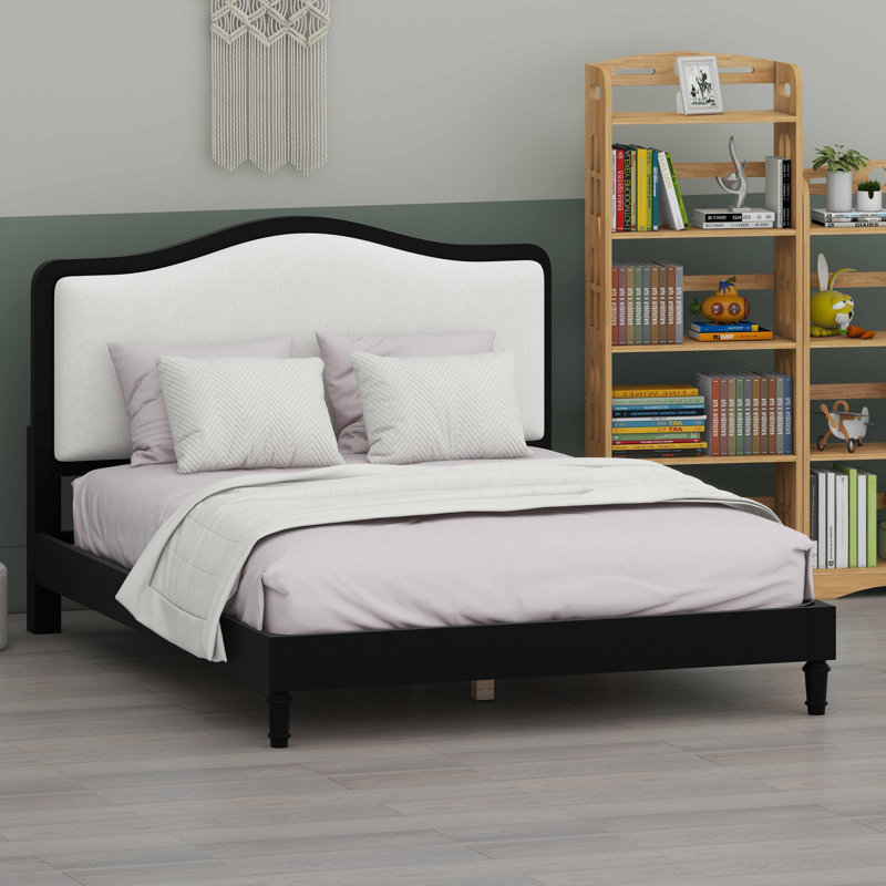 Base de lit plateforme avec tête de lit rembourrée, Black Frame+White Fabric