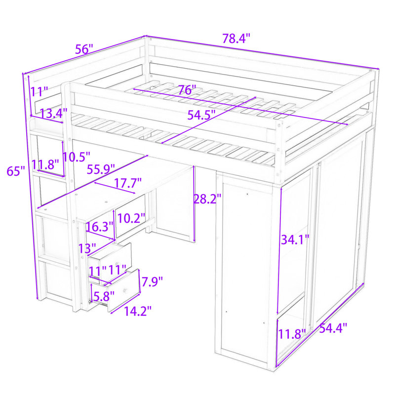 Helfrid 2 Drawer Loft Bed with Built-in-Desk, Full, Gray