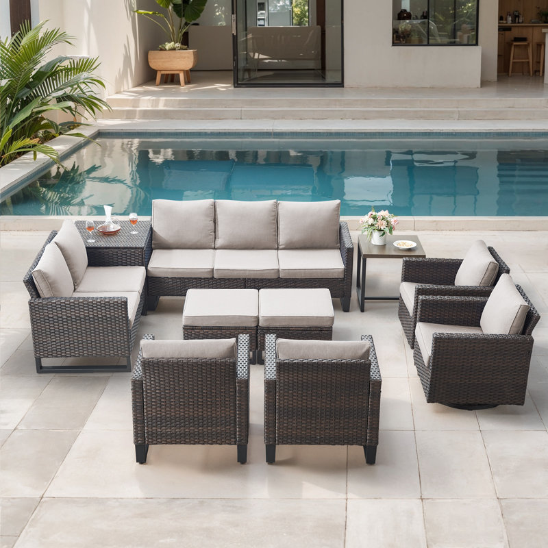 Ingvald 9-11 Person All-Weather Wicker Outdoor Conversation Set Seating Group With Swivel Chairs, Beige
