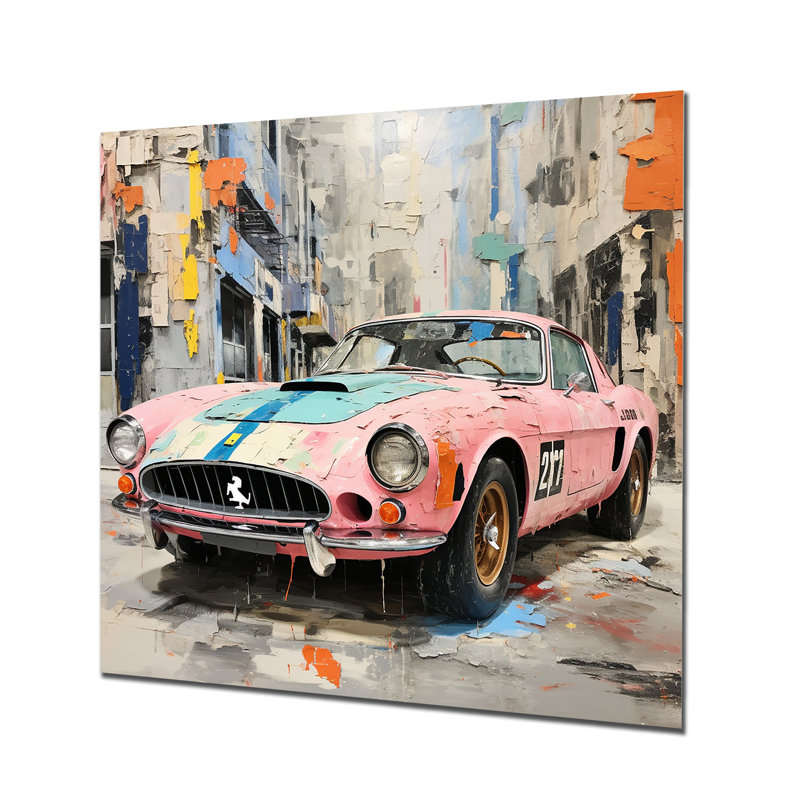 Voiture de course rose rétro American GT - art mural en métal, H 16 po x l 16 po
