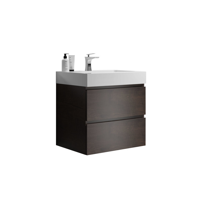 24" Walnut Bathroom Vanity - Max Storage, White Basin, Silent Operation, No Faucet Or Drain, Finish Countertop Large Basin Sink, Smooth, Handle, Pre-Assembled