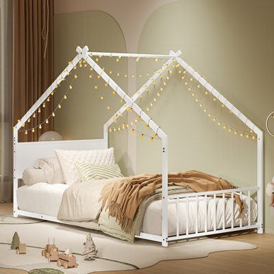 House Bed with Roof and Colorful Lights, Metal Bed Frame