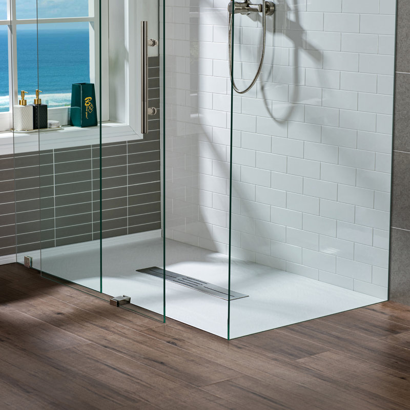 59/60" W x 35.4" D Solid Sufrace Shower Base, Non-Slip, Low-Profile, Curbless, Wheelchair Accessible, Center, White