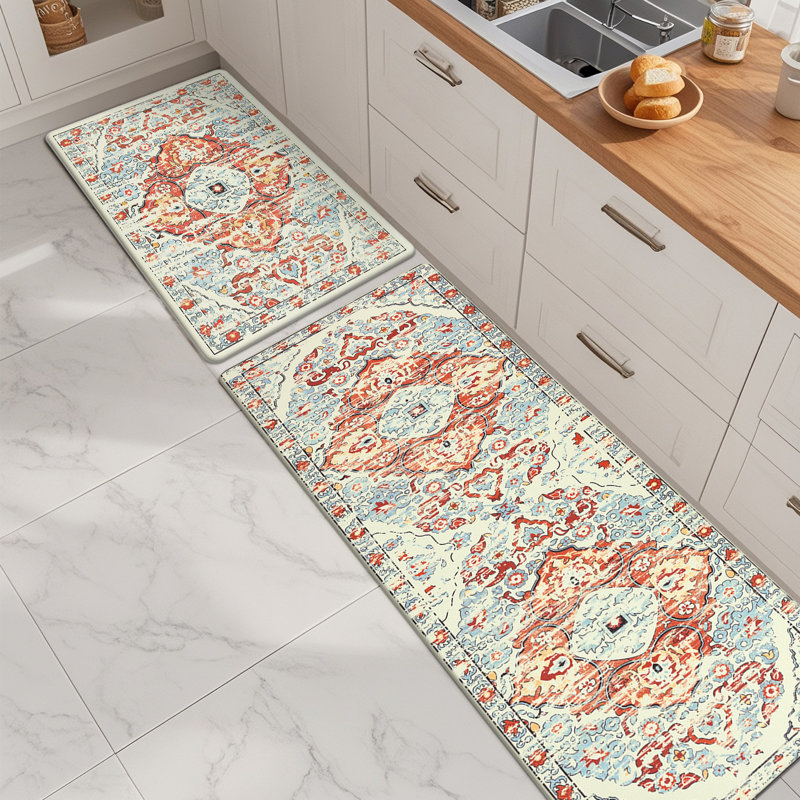 Jainiyah Anti-Fatigue Non-Skid Waterproof Kitchen Mat (Set of 2), Orange/Blue/Beige, Runner 17" x 28" + 17" x 48"