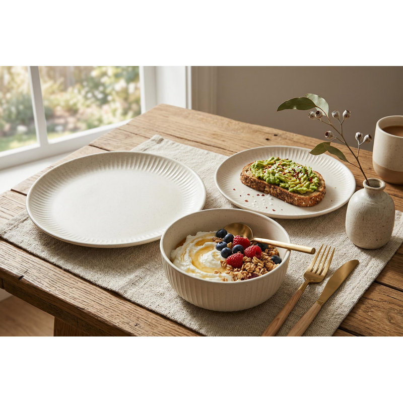 Service de table en grès gaufré 12 pièces, service pour 4, blanc os moucheté