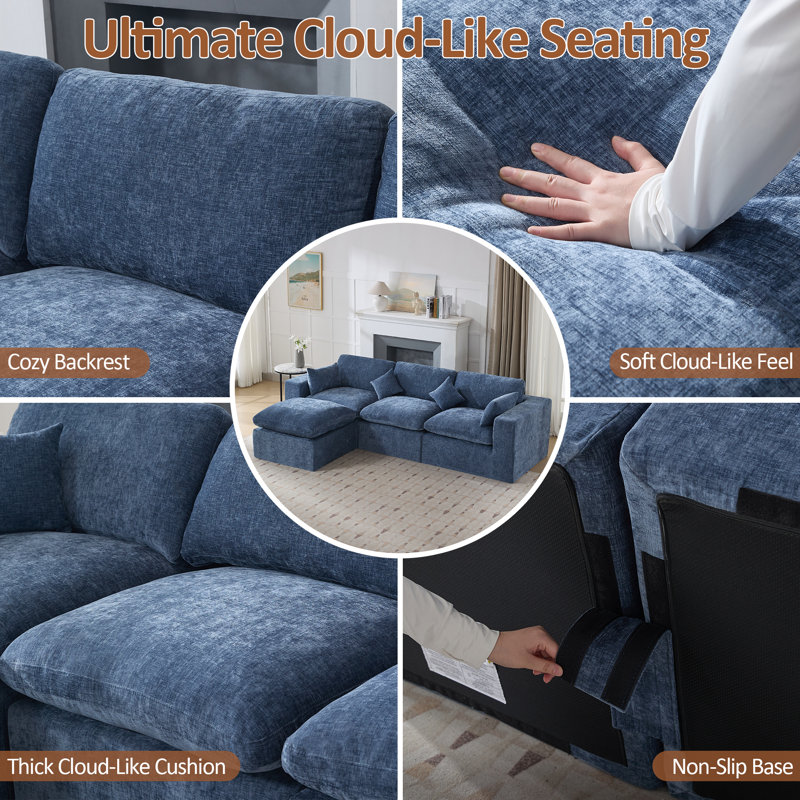 Compression Sectional Couch with Ottoman, Blue Chenille, 4