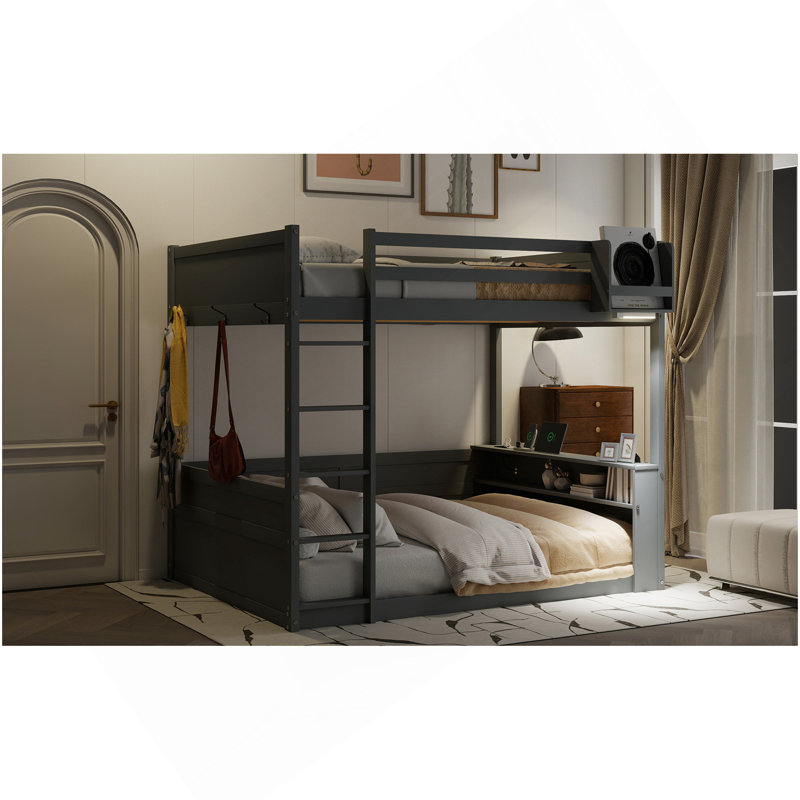 Grand lit superposé avec tablettes intégrées, boîte de rangement, lumière DEL et station de charge USB, gris