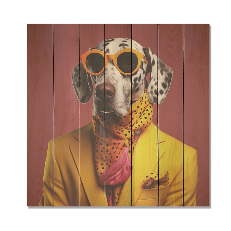 Jaune et orange, premier chien habillé - impression sur bois, H 15 po x l 15 po