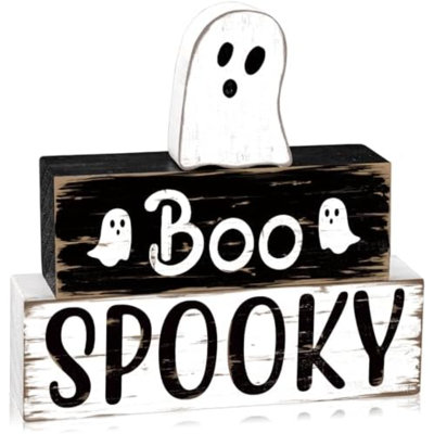 3 PCS Halloween Cute Ghost Wooden Block Sign Halloween Boo Spooky Tiered Tray Decor Wooden Ghost Theme Table Centerpieces For Home Tiered Tray Table Shelf Décor
