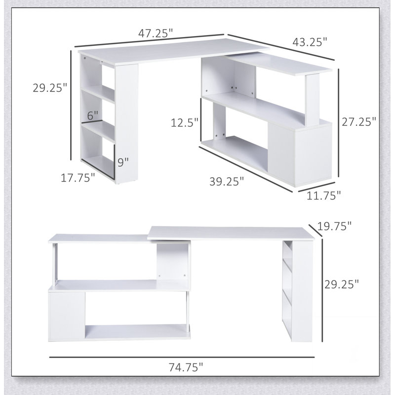 Bureau d'angle en L, bureau à domicile rotatif à 360 degrés avec tablettes de rangement, poste de travail de table d'écriture