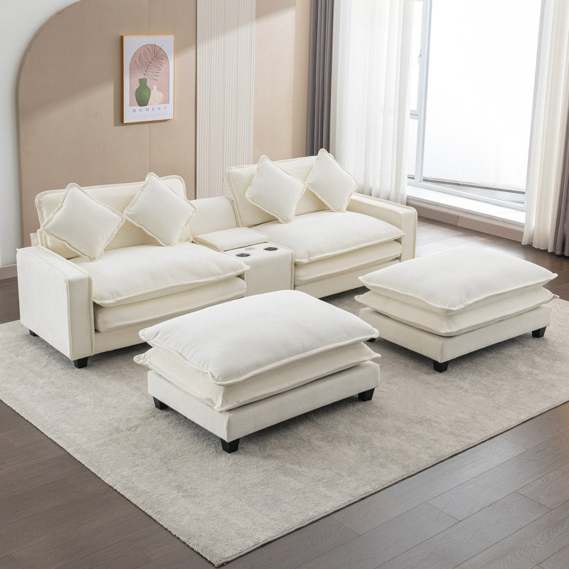 Canapé rembourré avec deux repose-pieds amovibles, Beige