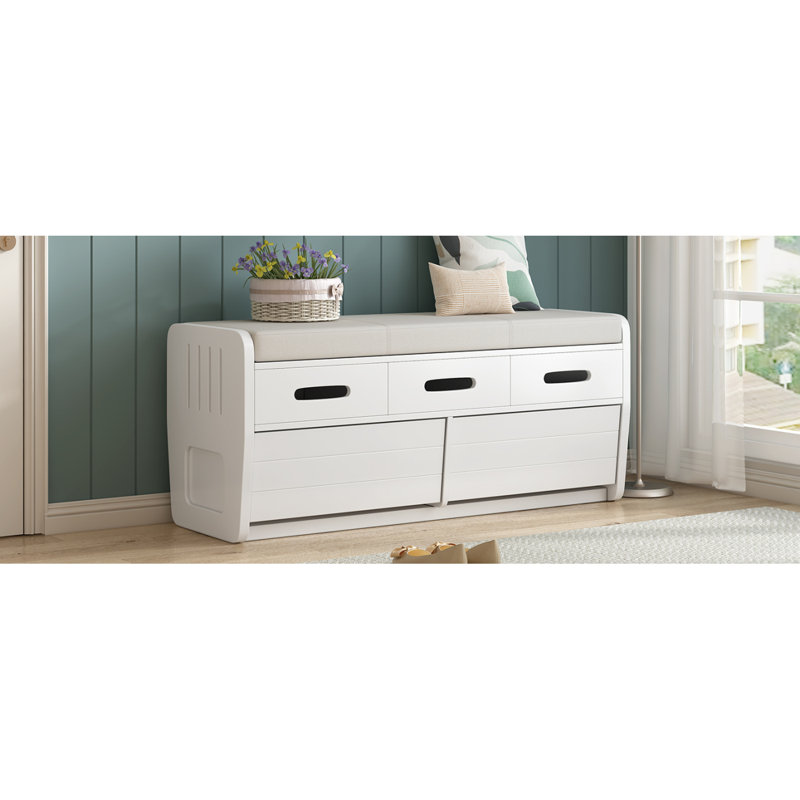 Banc de rangement rustique avec 2 tiroirs, espace de rangement caché et 3 faux tiroirs en haut, banc à chaussures, Blanc