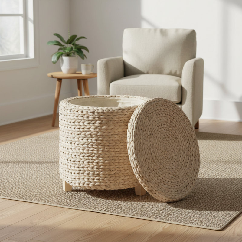 Sac à main blanc tissé pour le salon, la chambre à coucher, la salle de bain, le bureau personnel, le repose-pieds rond avec couvercle et rangement.