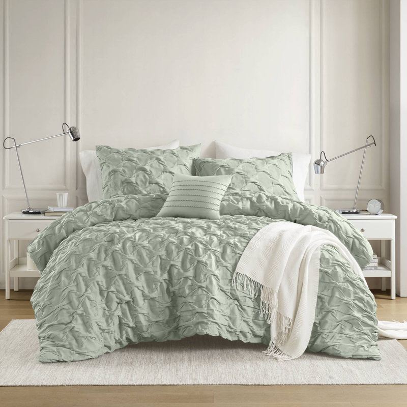 Ensemble d'édredon tissé anti-froissement Bailey Diamond Pucker, Vert, Édredon double / grand + 2 taies décoratives sta